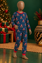 Load image into Gallery viewer, Bicycle Santa navy pajama set on a mannequin in a Christmas room