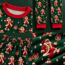 Load image into Gallery viewer, Dancing Santa green pajama set close-up details of neckline, cuffs, waistband and print
