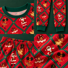 Load image into Gallery viewer, Santa &amp; friends red lattice pajama set close-up details of neckline, cuffs, waistband and print