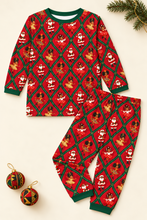 Load image into Gallery viewer, Santa &amp; friends red lattice pajama set flat lay on cream