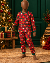 Load image into Gallery viewer, Santa &amp; friends red lattice pajama set on a mannequin in a Christmas room