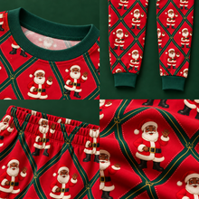 Load image into Gallery viewer, Santa lattice red pajama set close-up details of neckline, cuffs, waistband and print